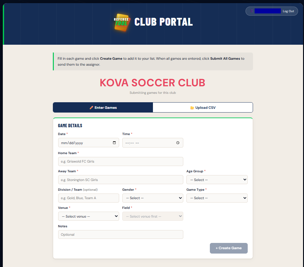 Club Portal — Game Submission Form
